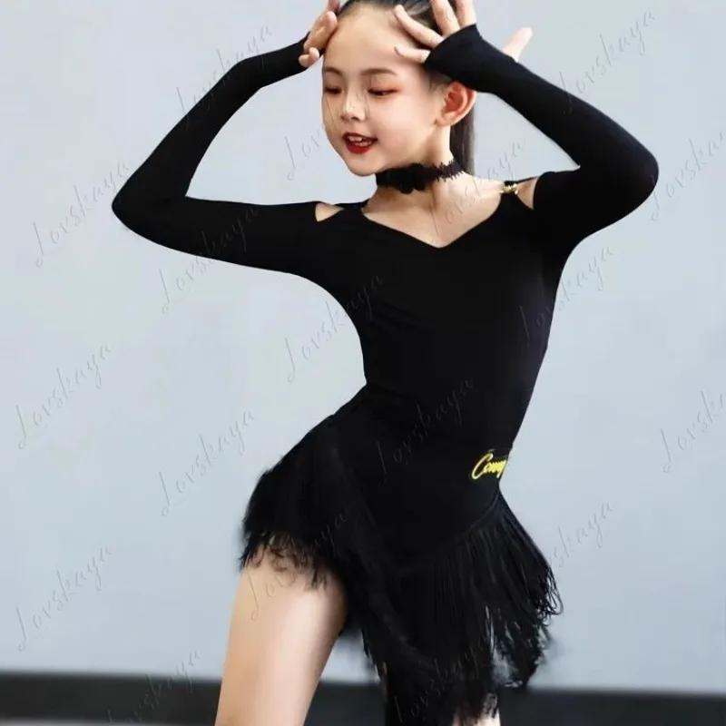 New Style Latin Dance Outfit - Women's Dance Training Suit with Long Sleeves and Frilled Skirt for Children in Black Set