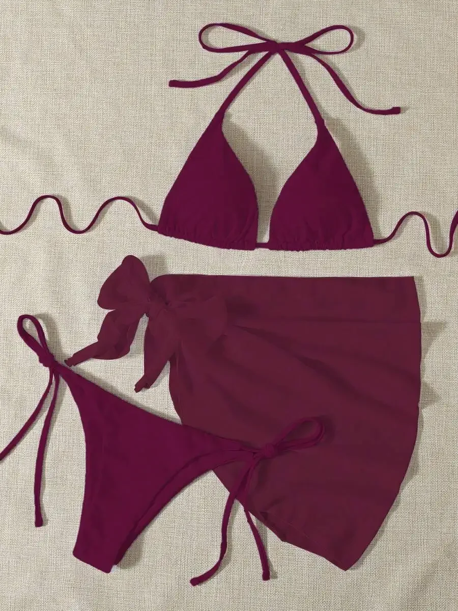 Womens Solid Color Halter Triangle Bikini Set With Side Tie Bottoms And Skirt