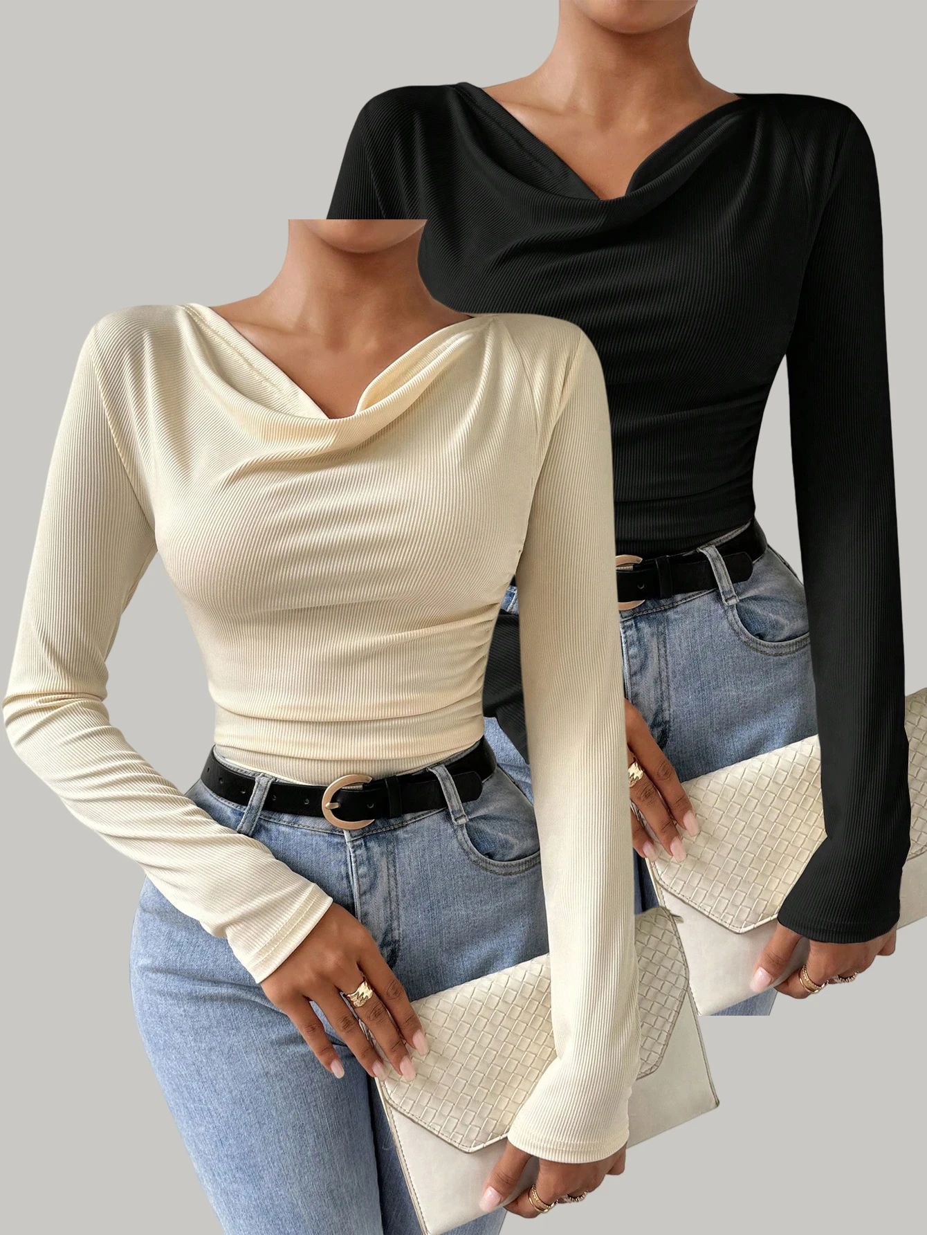 

Spring and Autumn Hot Sale Bestselling Pure Color Long Sleeve T-Shirt Two-Piece Set for Women's Outgoing Commute Fashion