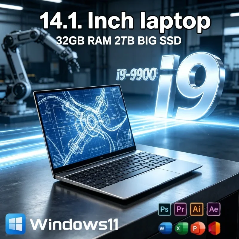 14.1 Inch Slim Portable Notebook Computer Intel I9-9900 CPU 32GB RAM 2TB Mass Storage SSD Pre-installed Office Windows 11 Laptop