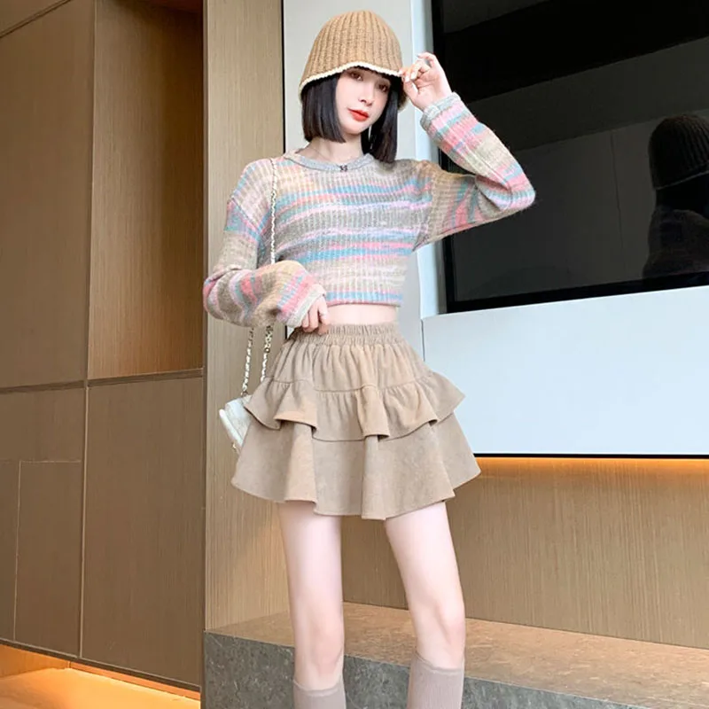 Xpqbb High Waist Puffy Ruffles A-line Skirt Ladies 2024 Autumn New All-match Corduroy Pleated Skirts Y2K Vintage Cake Mini Skirt