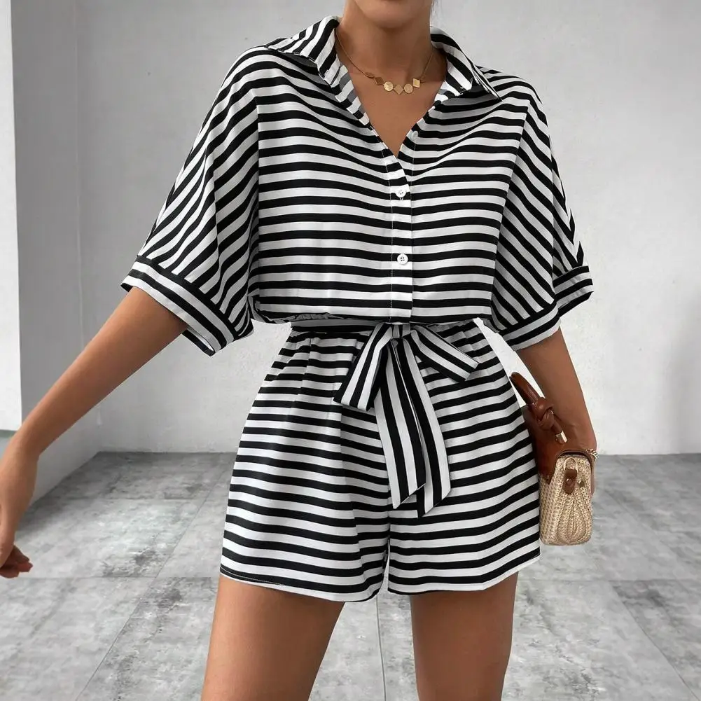 

Casual Romper Striped Lace-up Romper with Elastic Waist Short Sleeves Women's Summer Jumpsuit with Turn-down Collar