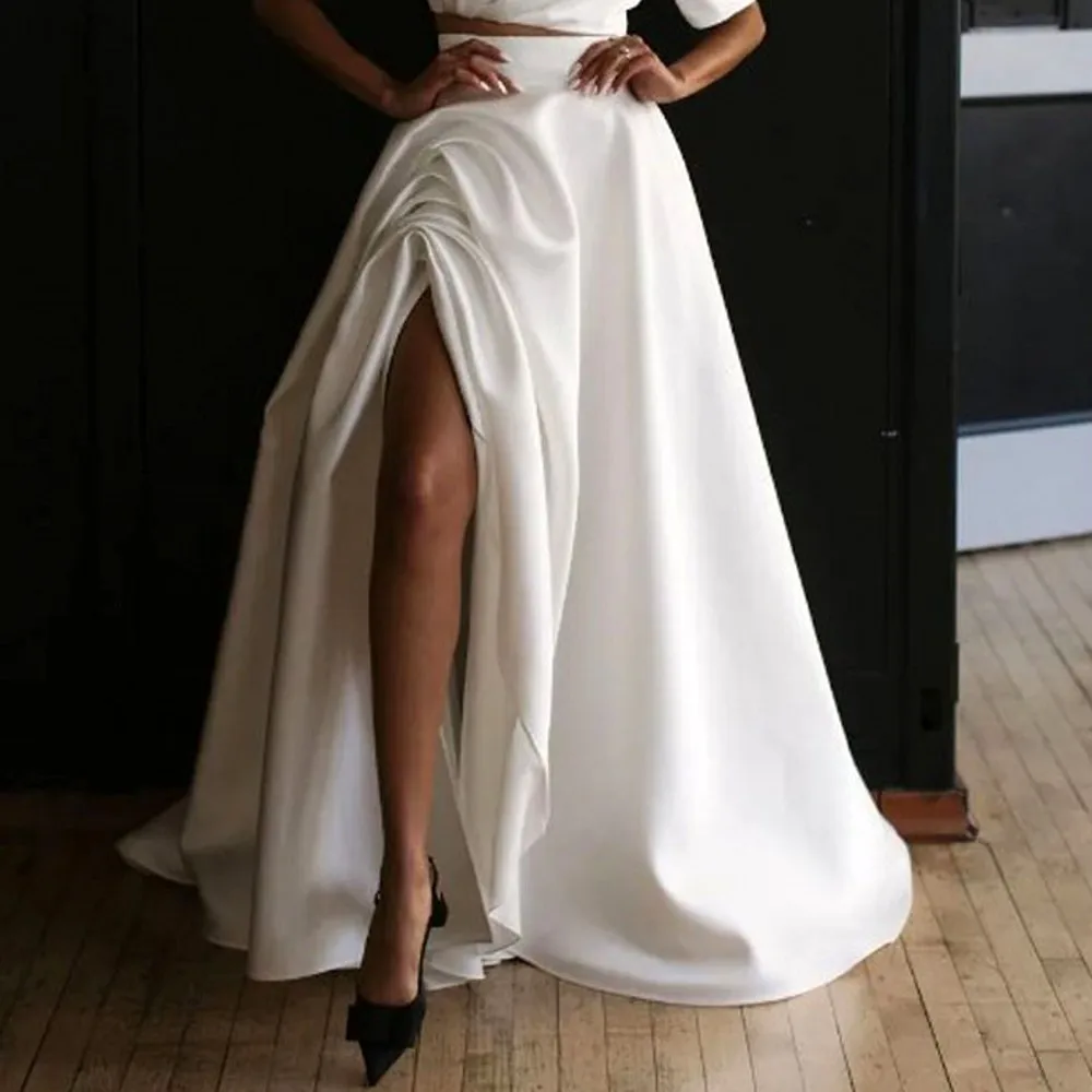 

White High Slit Women Skirts High Waist Satin Long Maxi Skirt Saias Zipper Waist Summer Autuam Party Skirt