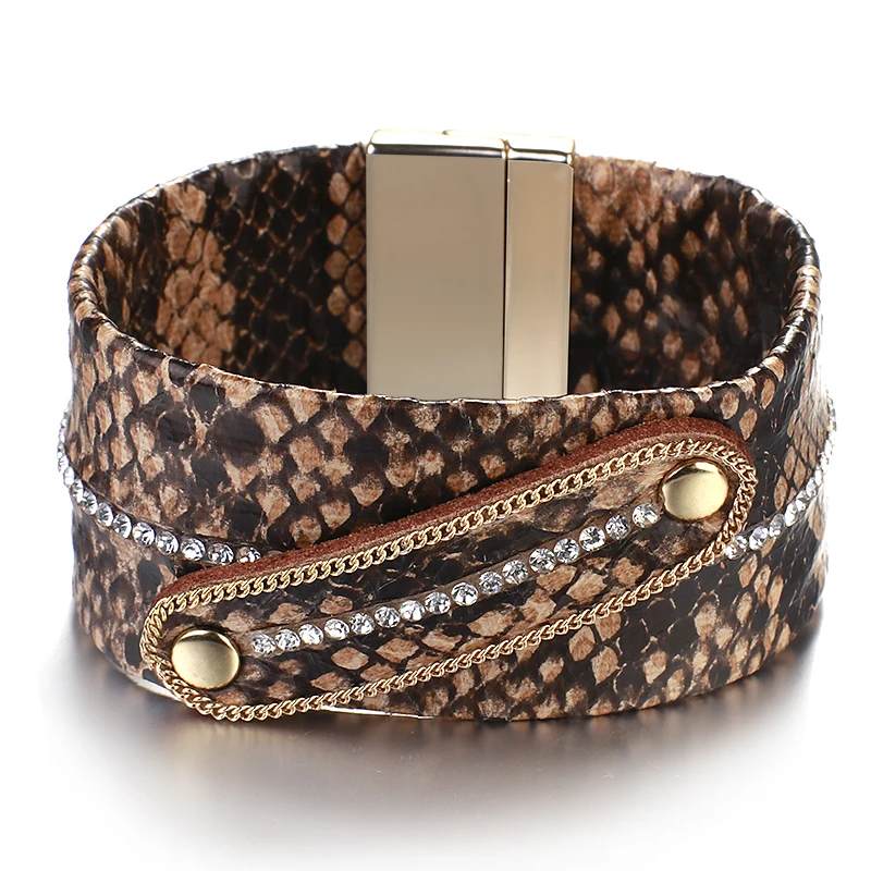 Amorcome Vintage Snake Skin Patterned Leather Bracelet for Women Magnetic Buckle Wide Bangle Hand Accessories Holiday Gift