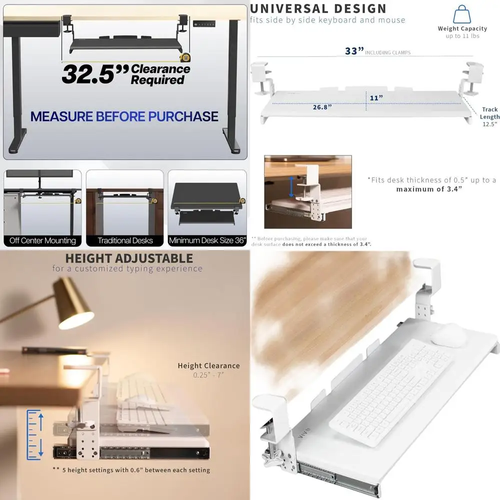 

Регулируемая по высоте выдвижная подставка для клавиатуры на стол с C-образным креплением, 27x11 дюймов, белая