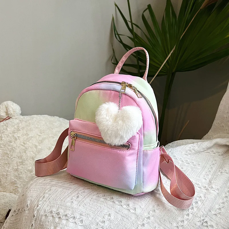 Mini Backpack Women Nylon Cute Small Shopper Handbag Multicolor Book Bags with Heart Pendant Girls Fashion Shoulder Bag