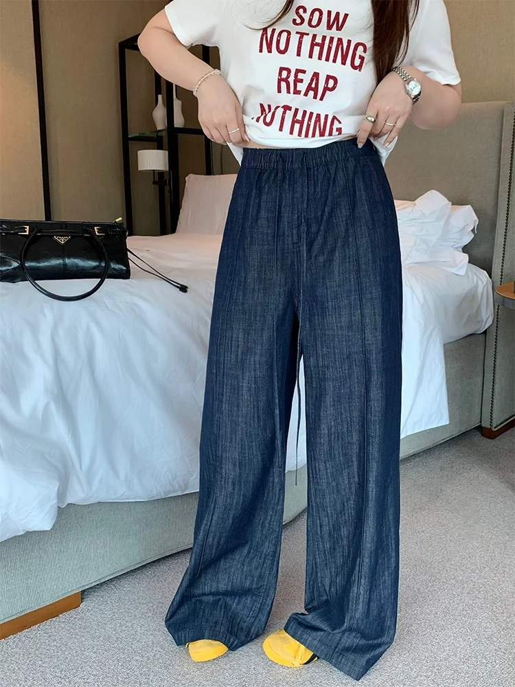 

Женские джинсы больших размеров с высокой талией, прямые, летние, новинка, повседневные, удобные, длинные брюки синего цвета для полных женщин