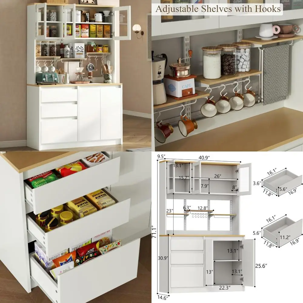 

Modern Tall Kitchen Storage Cabinet with 3 Drawers, Microwave Stand, and Adjustable Buffet Hutch