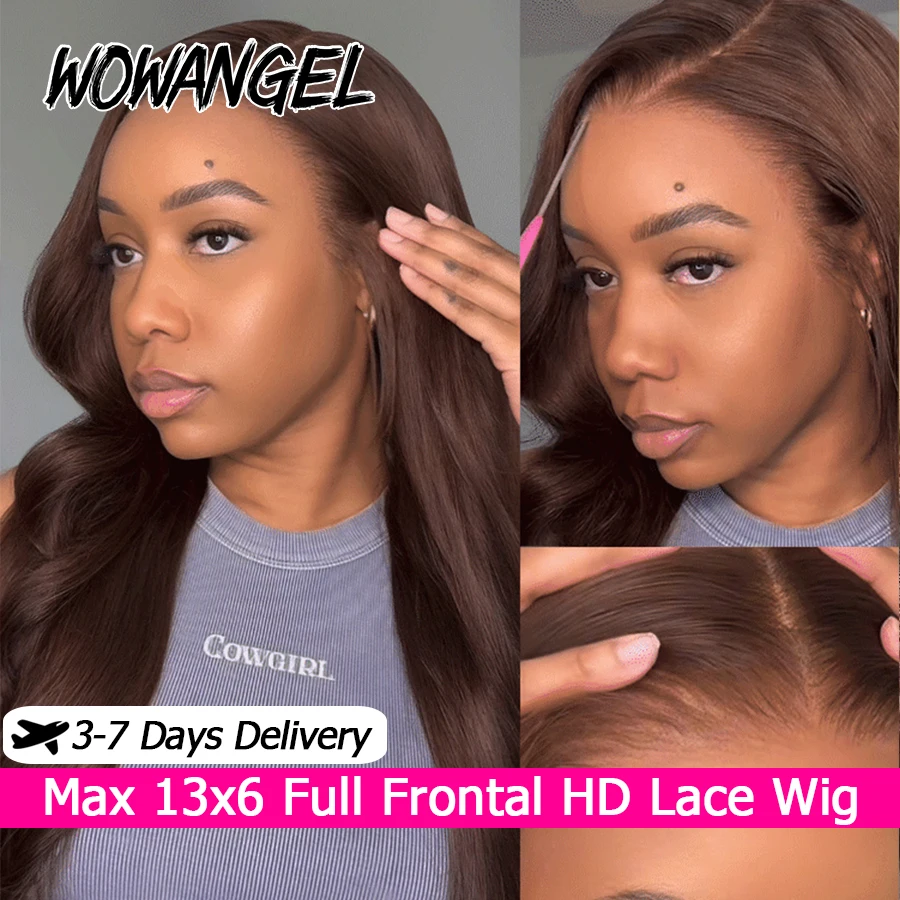 

Chocolate Brown Straight Full Frontal Wigs 13x6 HD Transparent Lace Frontal Wig Human Hair Pre Bleached Virgin Hair For Women