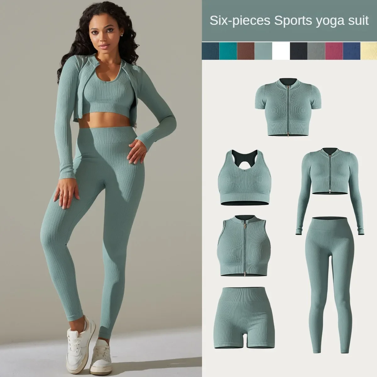 

Solid Running Fitness Suit Top Shorts Pants Half Long Sleeve Set Seamless Yoga Suit Women's Sports Set Gym Clothing with Zipper