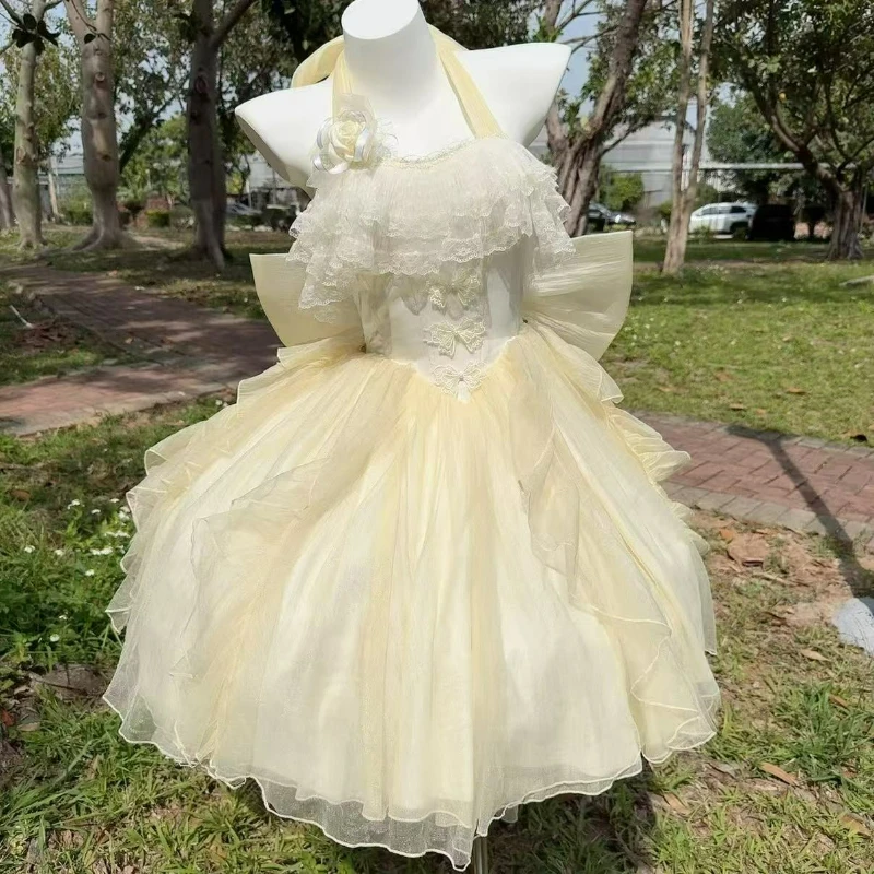 

Японское платье в стиле сладкой лолиты для женщин, кавайное, с бантом, кружевом, лоскутное, с вырезом халтер, платье принцессы, винтажное платье Y2K для вечеринок, косплей