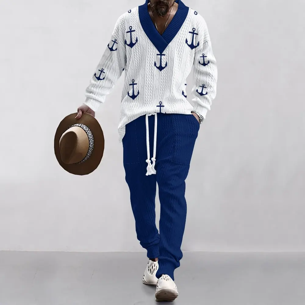 

American technology print conventional jacquard loose street blue barb men's V-neck casual long sleeve pants suit