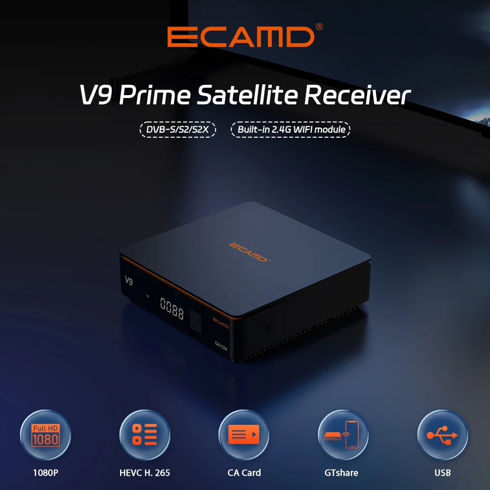 

ECAMD V9 Prime Satellite Receiver DVB-S/S2/S2X ACM/multi-stream/T2-MI HEVC main10,GTShare APK Built-in 2.4G WIFI v9 prime mars