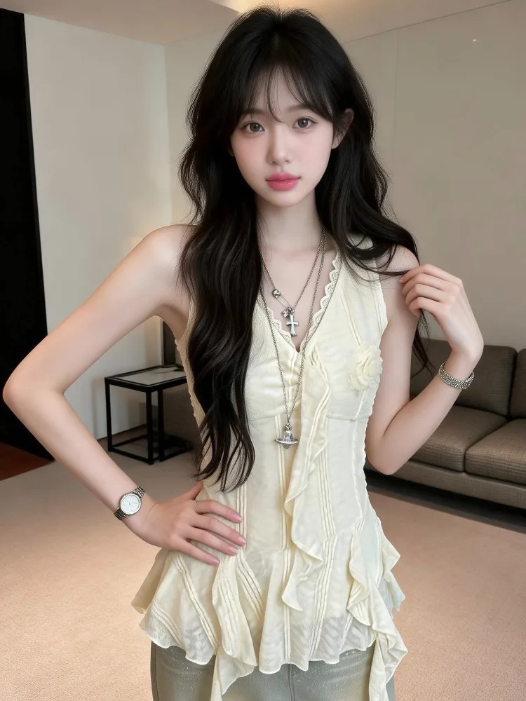 

Sweet Sexy Neck Hanging 3D Flower Tube Top Vest Asymmetrical Sash Design Slimming Top Korean Style Knitted mid Waist