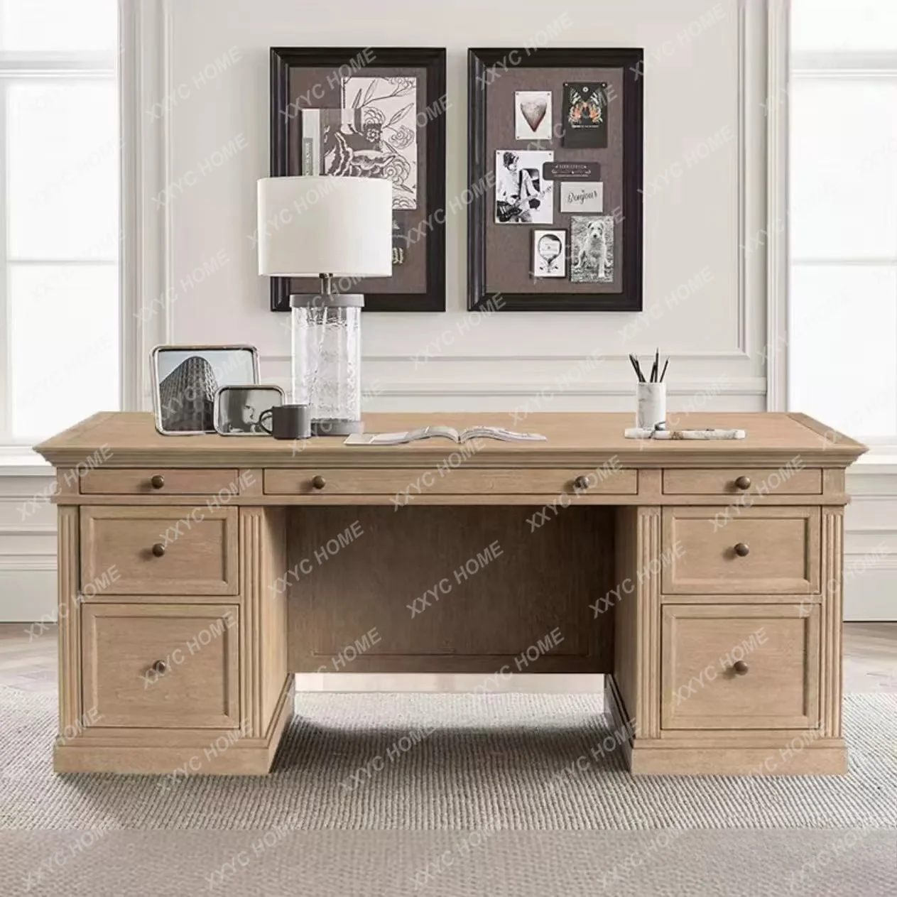 Retro solid wood  computer  with drawers storage student writing desk home study
