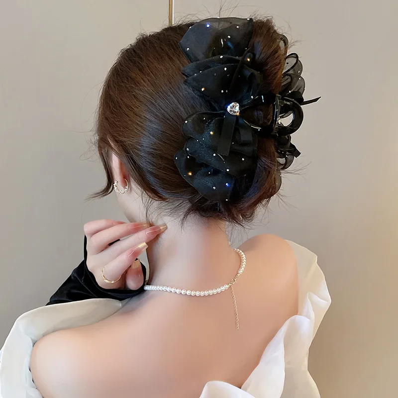 Elegant Black Starry Cloud Bubble Rhinestone Hair Clip With Double-Sided  Bow Tie Ponytail Hair Claw Women Hair Accessories Gift