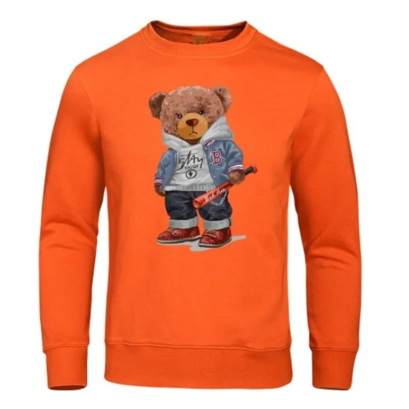 Street Baseball Teddy Bear Boy Hoodie For Mens Funny Warm Sweatshirt Novelty Fleece Streetwears Harajuku Fashion Hoodies Male