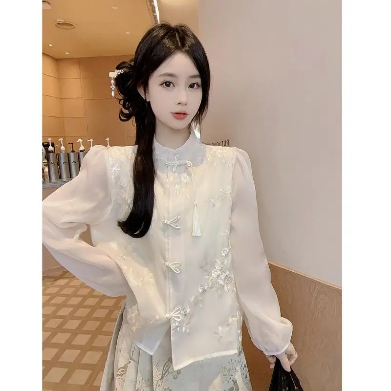 

New Chinese Style Shirt Loose Chiffon Women's Spring Fashion Beautiful Button Tassel Chiffon Top Stand Collar Long ...