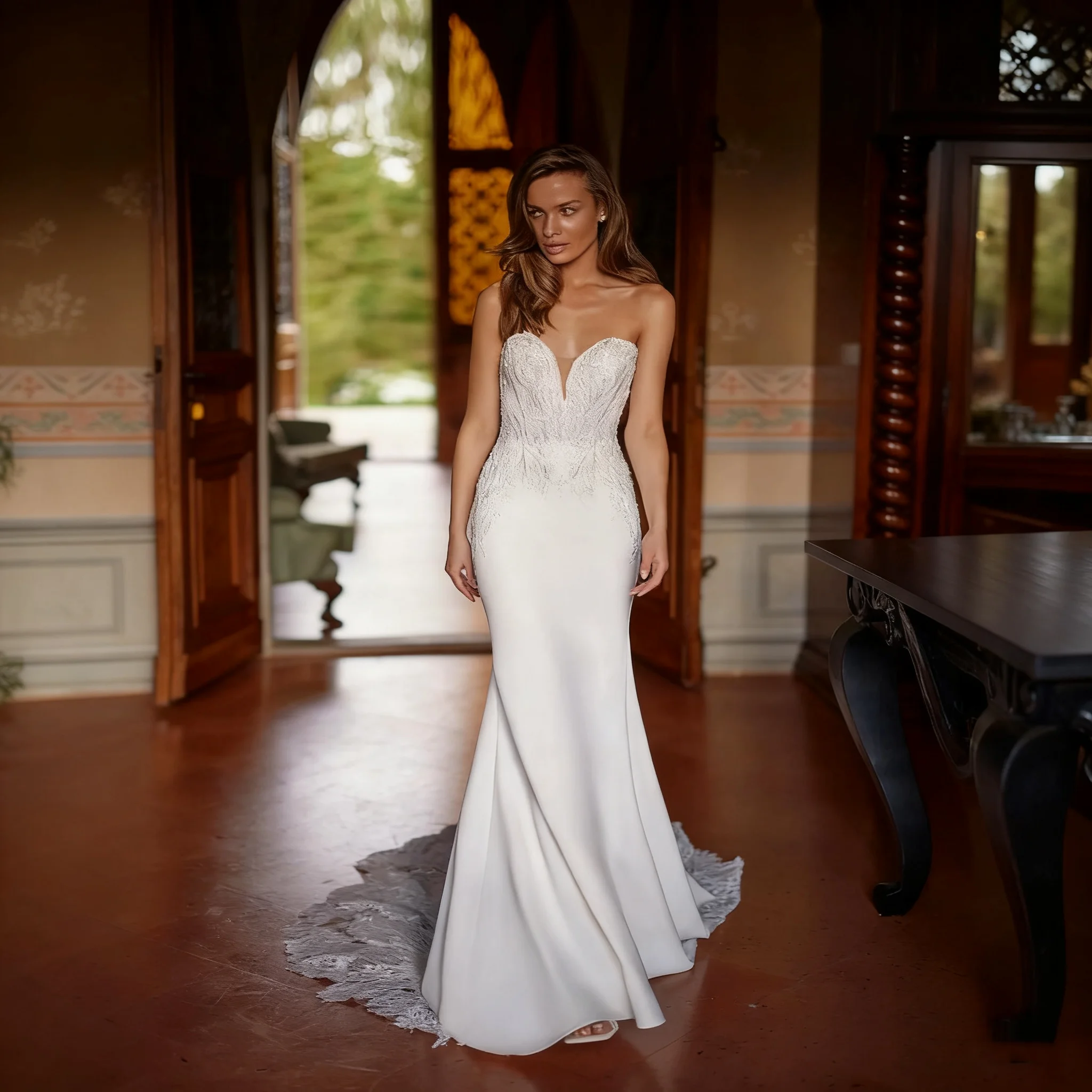 Robes De mariée personnalisées à fermeture éclair, élégantes, col en V, sans manches, pour femmes, charmantes robes De mariée avec des appliques en dentelle