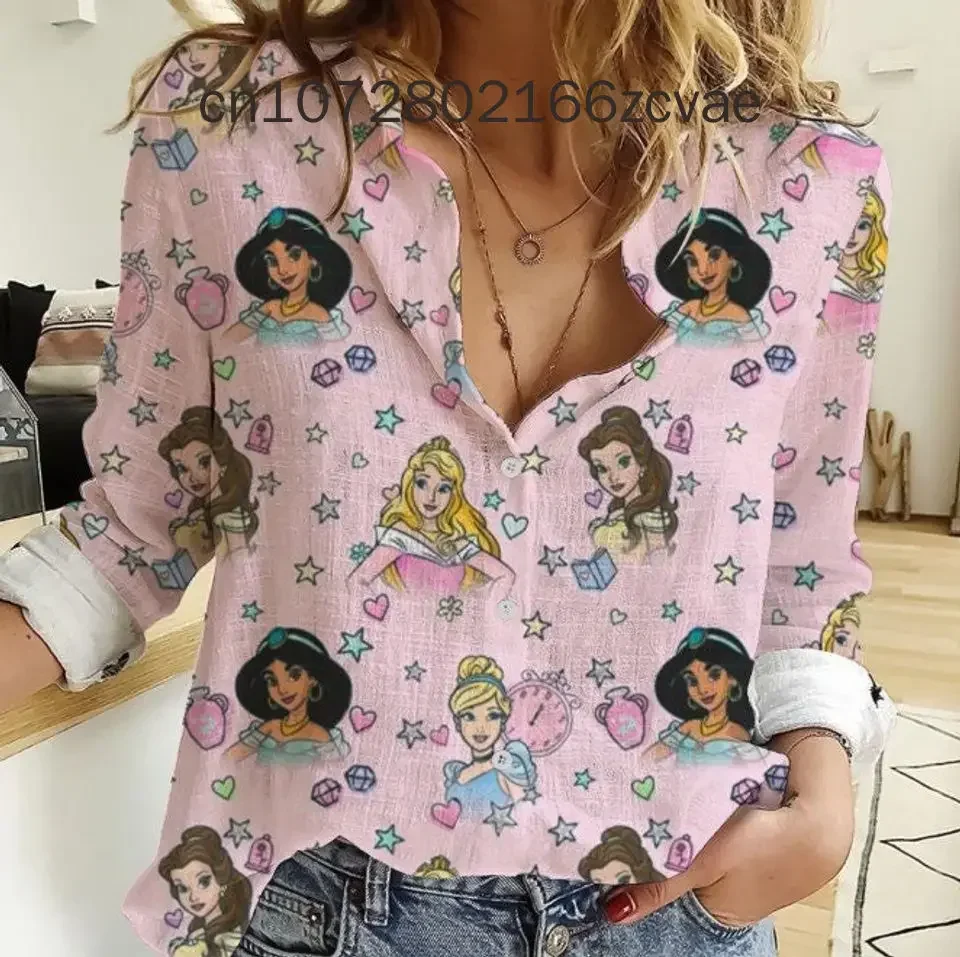 New 2024 Disney Princess Casual Shirt Women\'s Long Sleeved Shirt 3D Printed Breathable Button Cardigan Elegant Women\'s Shirt