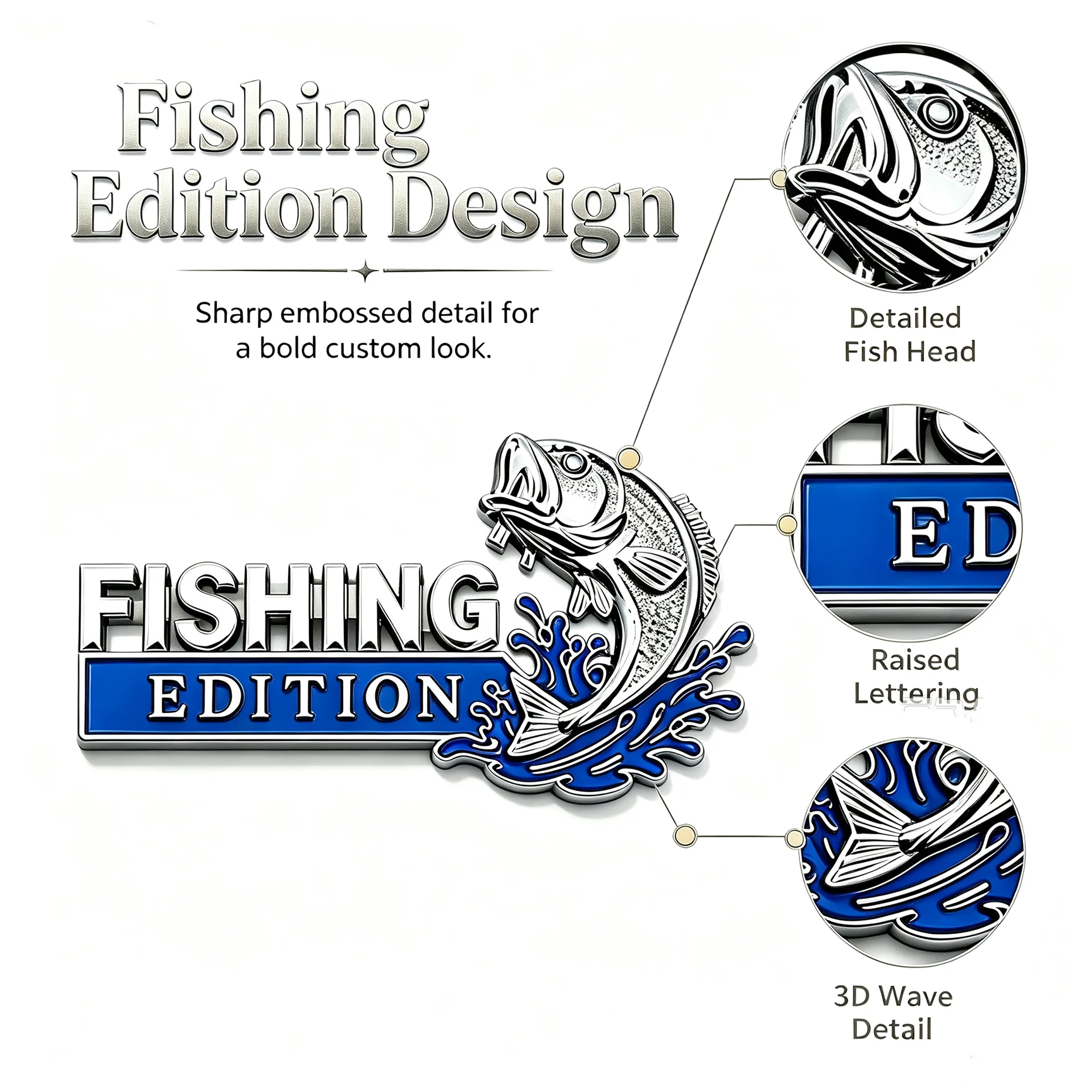 3D Metal Fish Car Sticker Fishing Edition Wave Emblem Badge Auto Truck SUV Exterior Decor Car Accessories