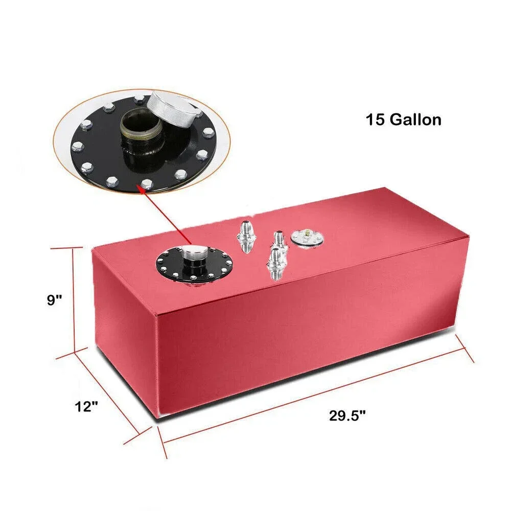 Tangki Bahan Bakar Balap Aluminium Universal 15 Galon + Tutup + Pengirim Level + Kit Selang Bahan Bakar Baja untuk Hot Rod Street Racing OCC-1088