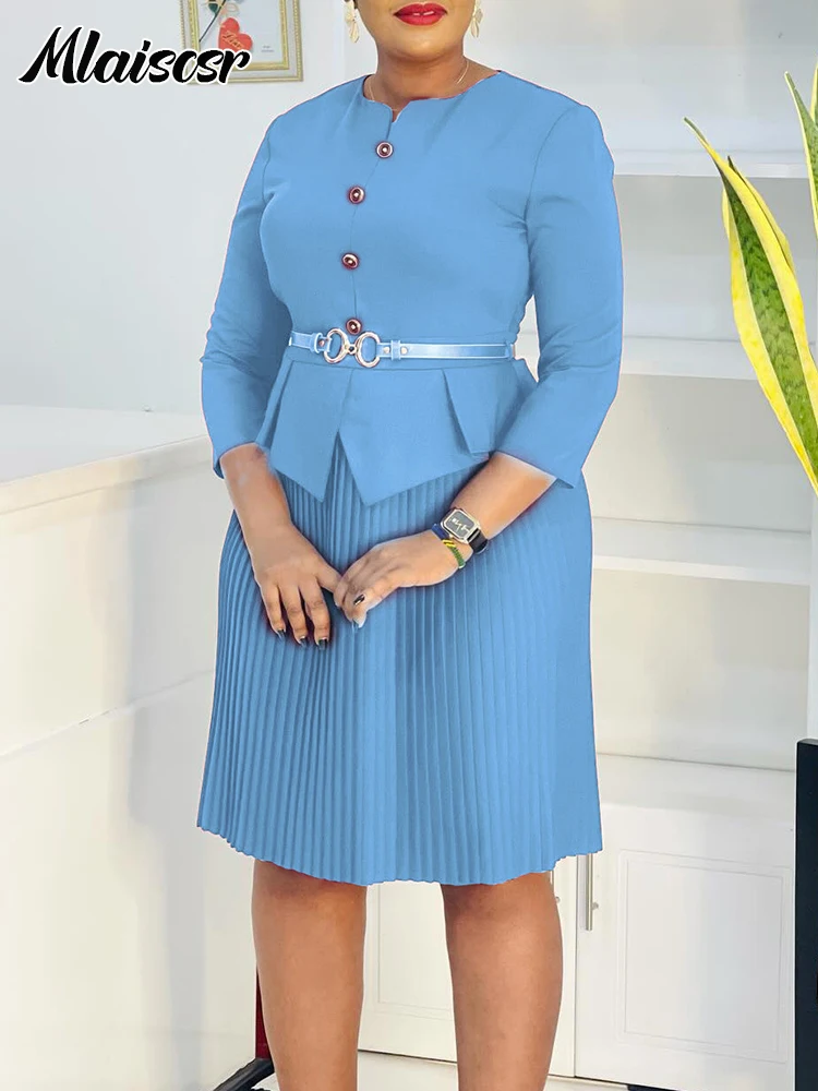 Mlaiscsr Elegant Office Dress with Belt for Women Blue O-Neck Peplum Pleated 3/4 Sleeves African Female Fall Evening Gowns Robe