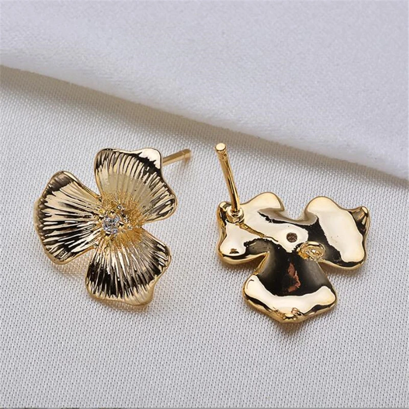 New Real Gold Plated Brass CZ Crystal Flower Ear Stud Hooks For DIY Earrings Jewelry Making Crafts Ear Needle Accessories