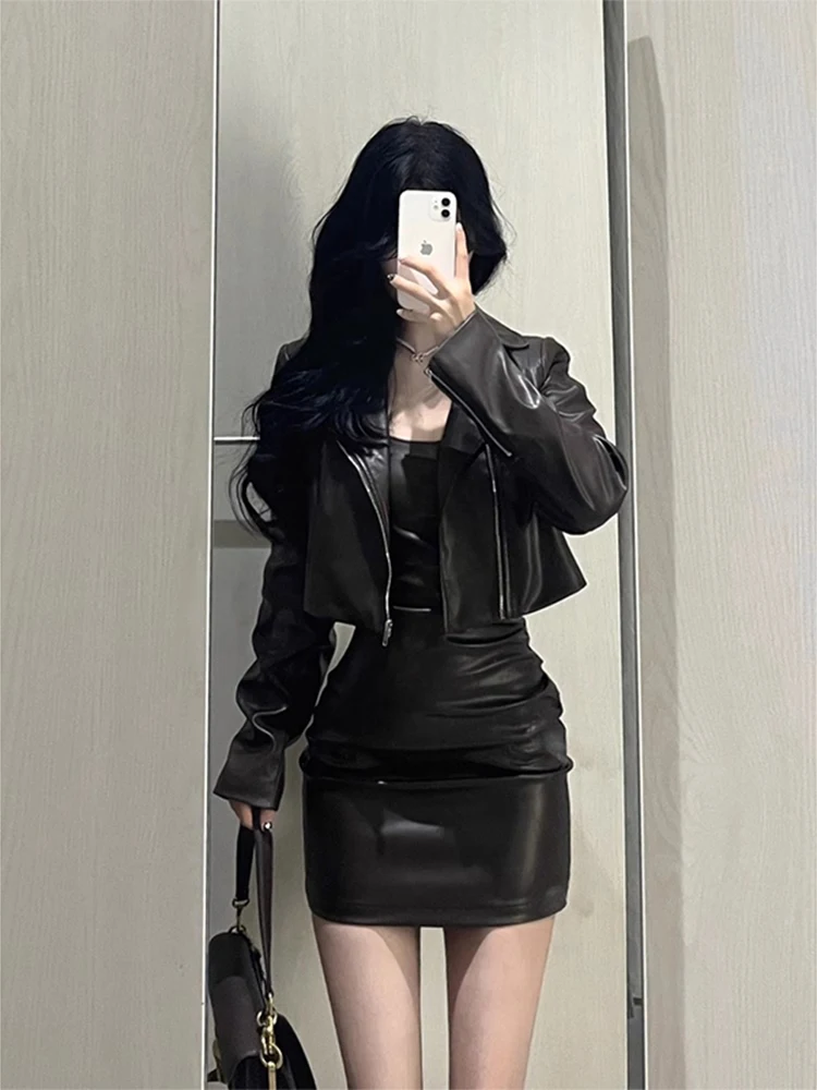 سترة نسائية قصيرة من الجلد الأسود من Pure Desire لربيع الخريف مقاس صغير أنيقة راقية ذات ملمس عصري عالي الجودة