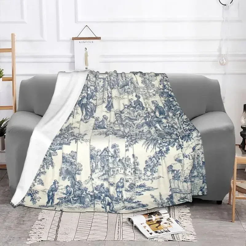 Toile De Jouy Number 2 Ultra-Soft Fleece Throw Blanket Flannel French Navy Blue Motif Blankets for Bed Home Couch Bedspreads