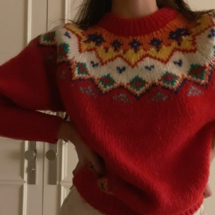 

Корейский круглый вязаный свитер Cisas Aosphere Island Pattern, женский свободный крой, шерстяной трикотаж с надписью