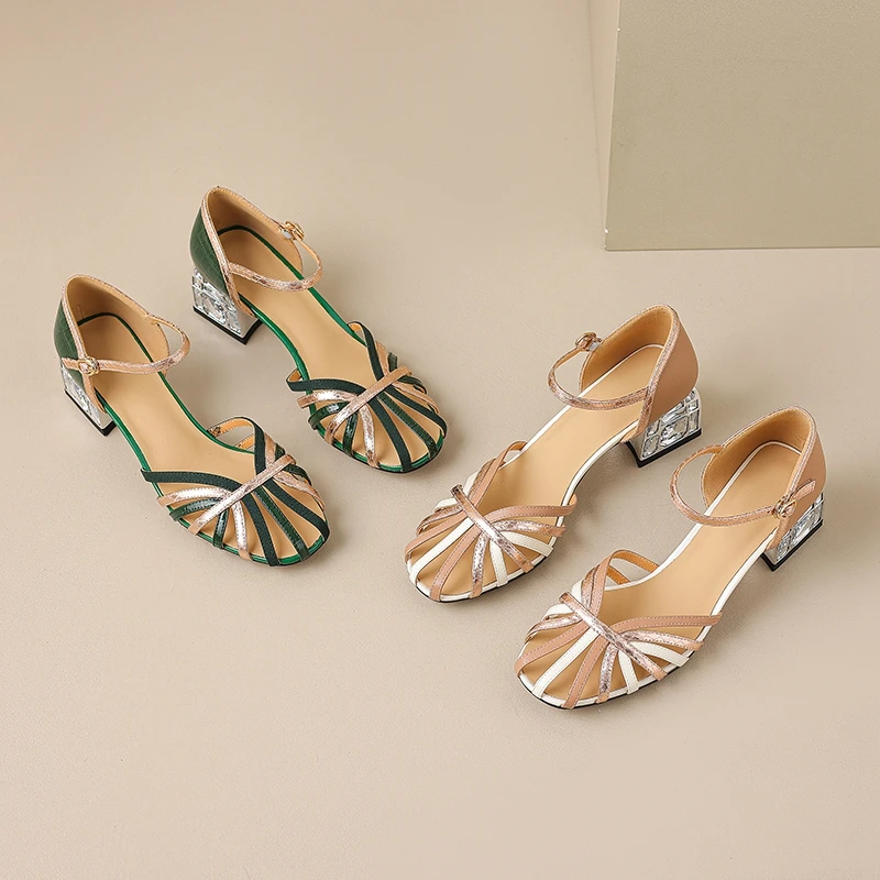 Women\'s New Spring/Summer Bag Heel Round Toe Genuine Cowhide Color Block Diamond High Heel Roman Sandals