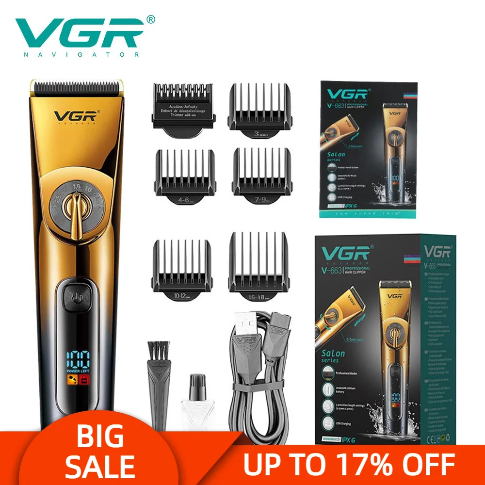 

VGR V-663 Professional Barber Hair Clipper Electric Trimmer For Men IPX6 Waterproof Haircuts Machine LED Display USB VGR 663