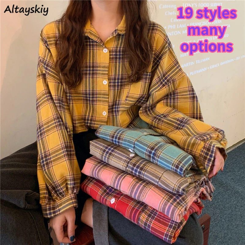 Plaid Shirts Women Retro Baggy Students All-match Spring Sun-proof Various Colors Korean Style Popular Unisex BF Leisure Chic