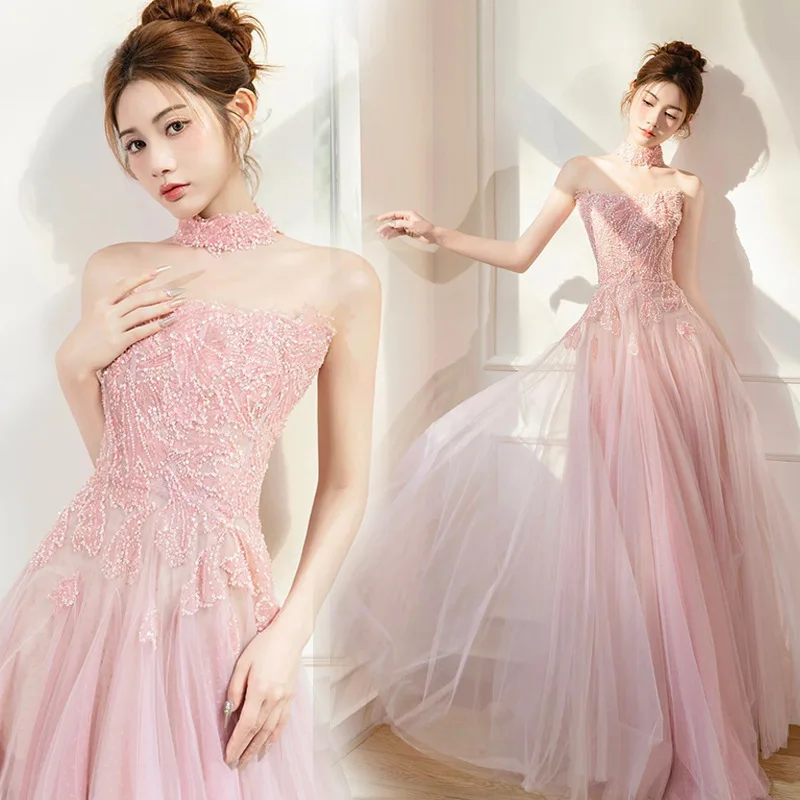 

Robe de soiree Pink Strapless Slim Dress Women Luxury Wedding Banquet Elegant Evening Dresses Formal Party Dress Prom Dresses