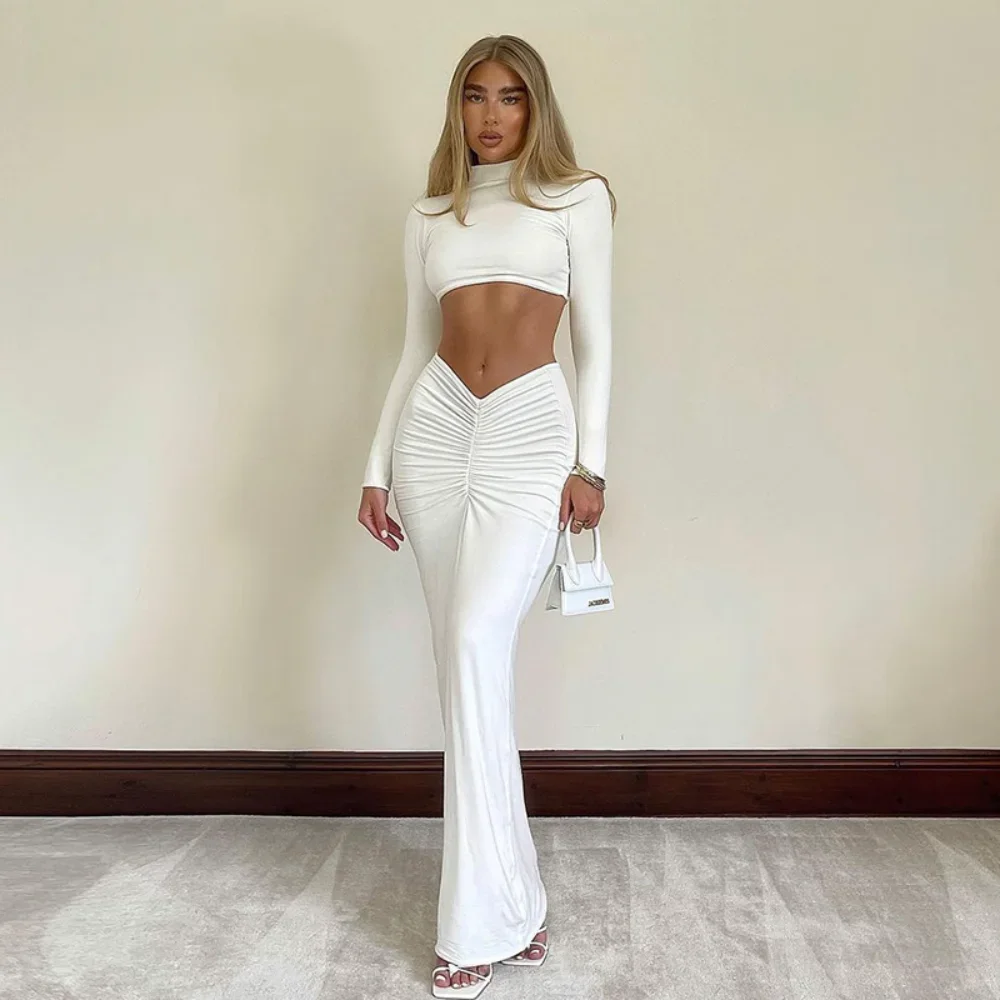 

Meqeiss 2023 New Elegant White Long Sleeve 2 Piece Set Outfits for Women Club Party Top and Dress Sets Long Ruched Matching Sets