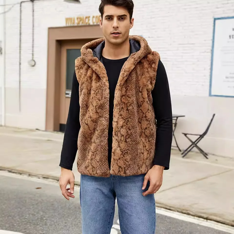 Winter New Fashion American European Men's Leopard Casual Trendy Sleeveless Hooded Faux Fur Vests Male 2025 Clothes Coats Tops