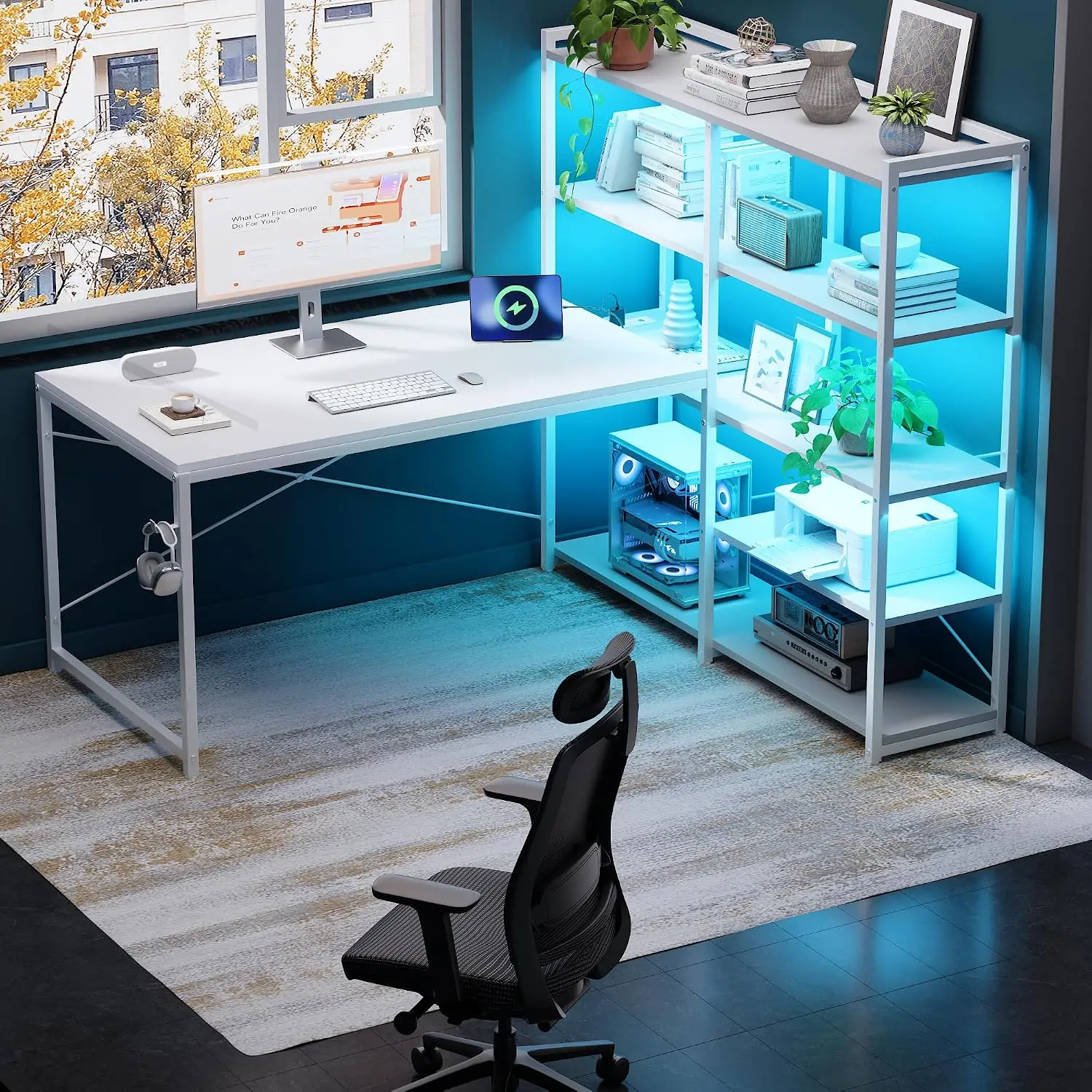 49 Inch L Shaped Gaming Computer Desk with Shelves and Storage | Compact Reversible Design with LED Lights & Power Outlets, Suit