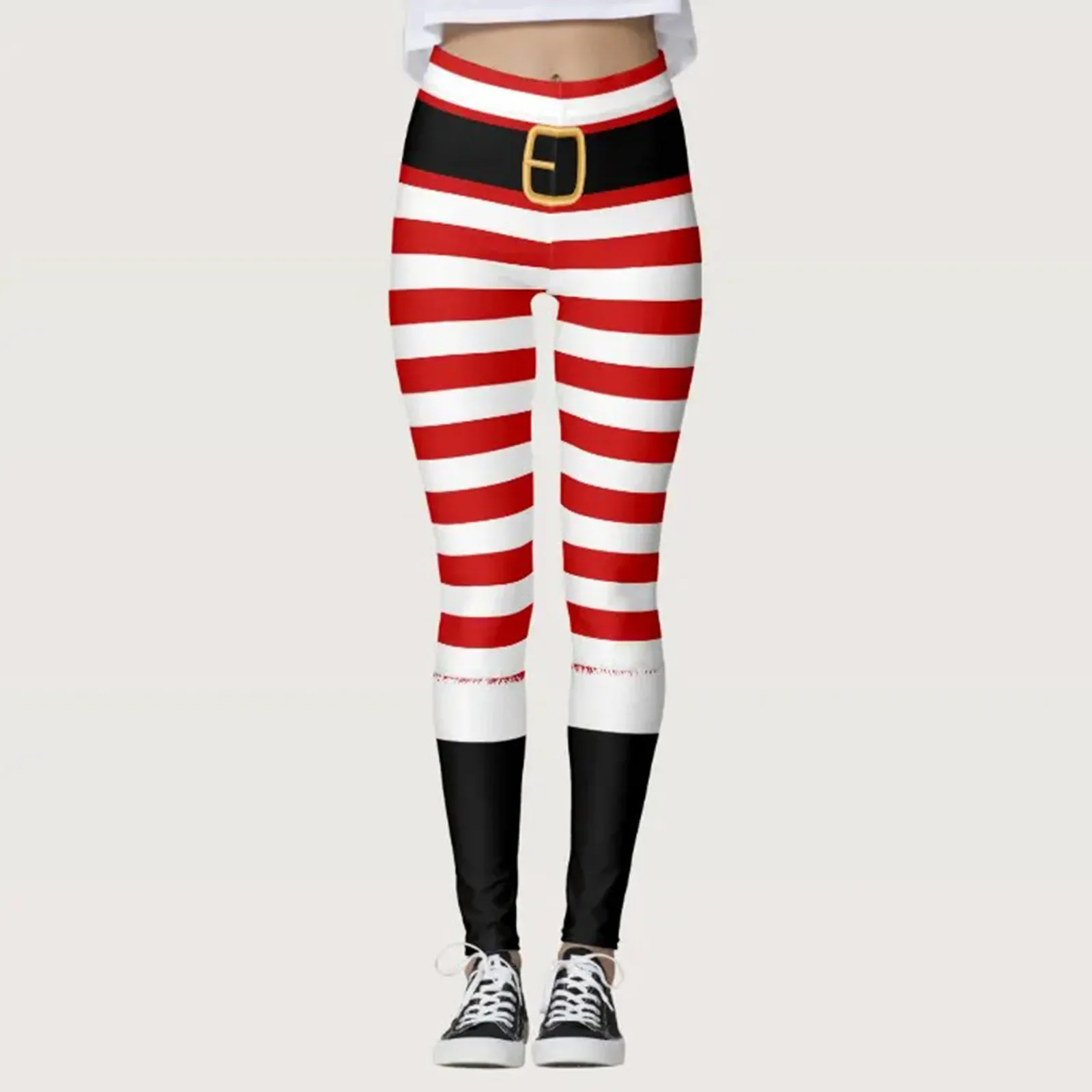 Women Christmas Leggings Striped Print Santa Claus Costumes Leggings High Waist Stretchy Xmas Party Pants New Year 2024