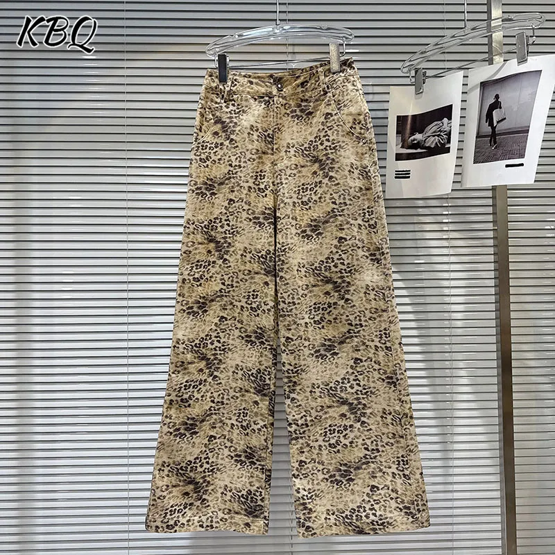 

KBQ Hit Color Leopard Printing Loose Pants for Women High Waist Minimalist Spliced Pockets Design Sense Pants Female Fahsion New