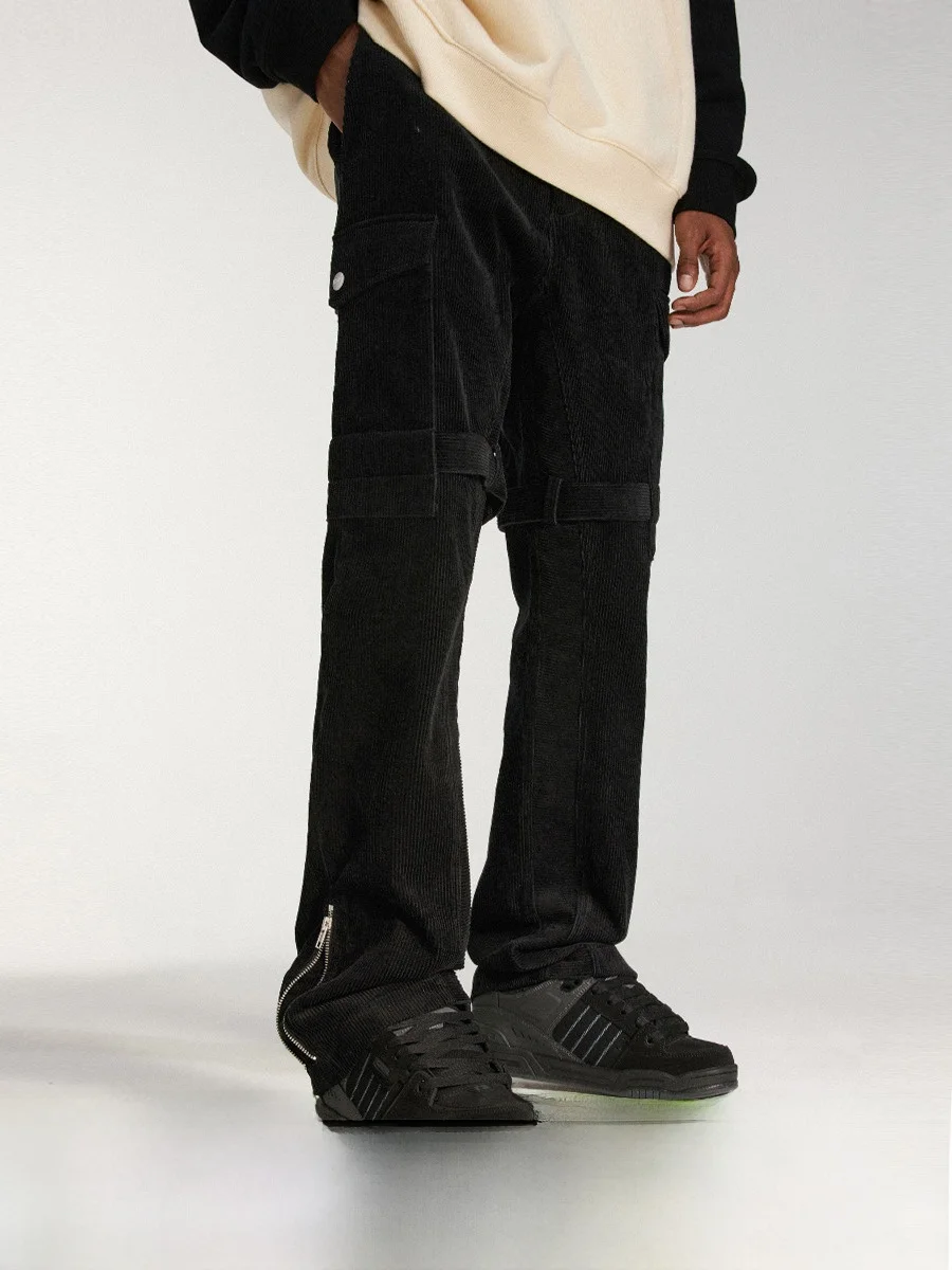 

DICETINY American Street Sle Corduroy Workwear Zipper Pants Trendy Straight Leg Long Casual Trousers for Youth