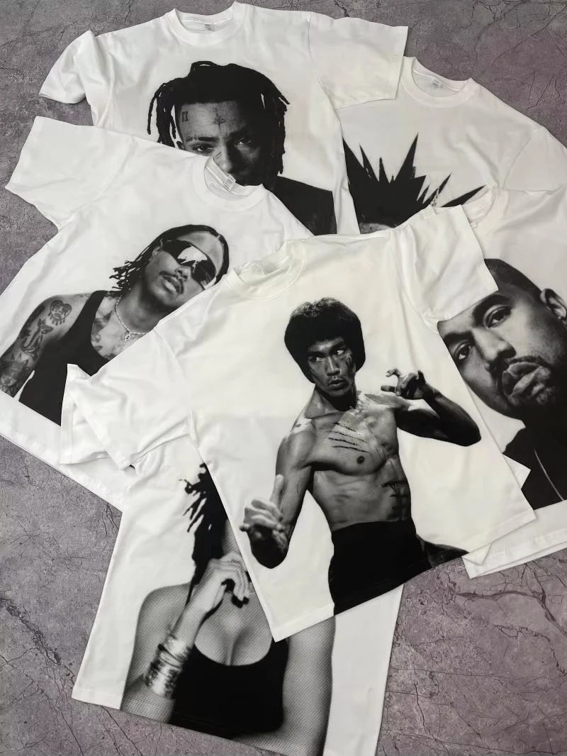 

2025 Summer Tribute To Classic Star Avatar Print Short Sleeve Summer Casual Retro Y2k Street Style Men Women Loose T-shirt