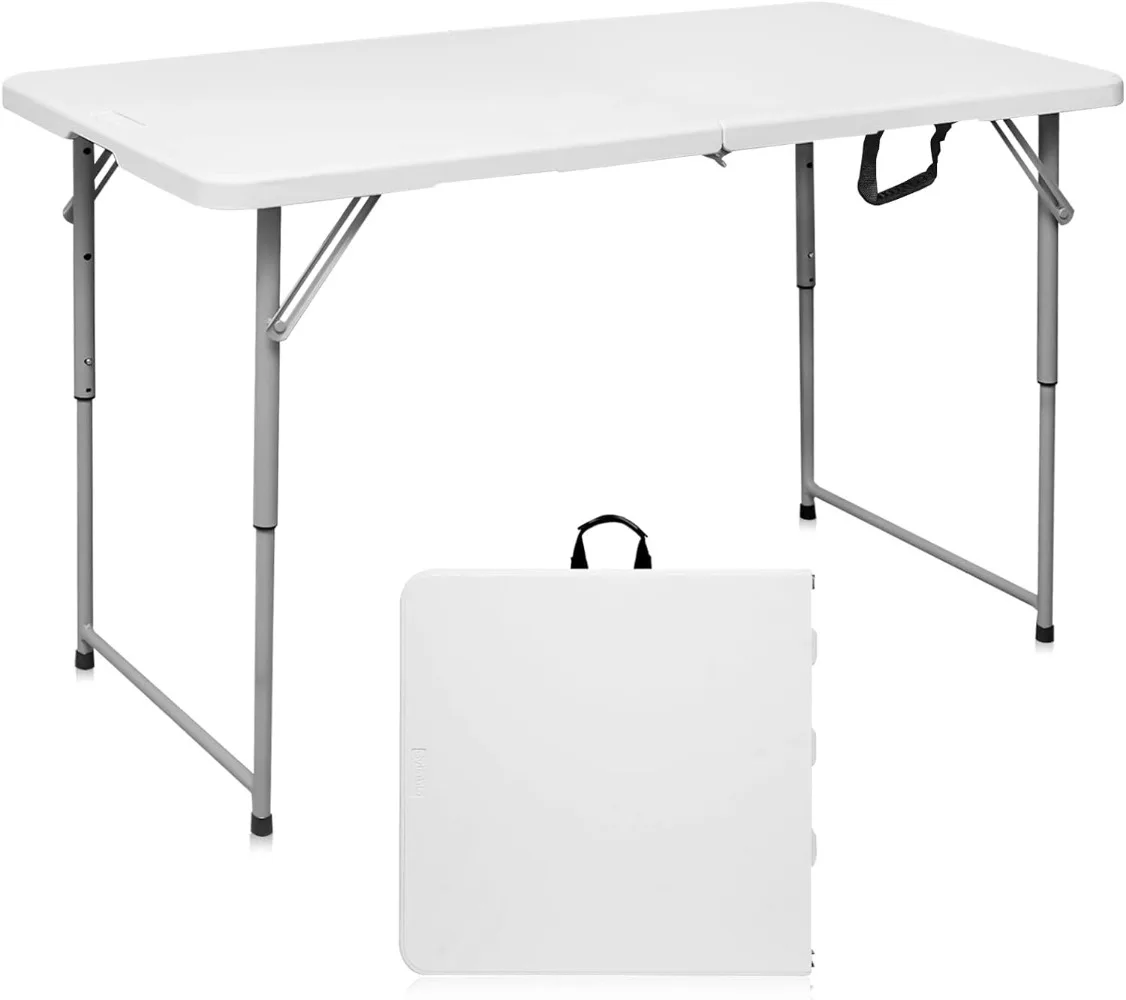 

Folding Table 4 Foot Portable Heavy Duty Plastic Fold-in-Half Utility Table Small Indoor Outdoor Adjustable Height Folding Table