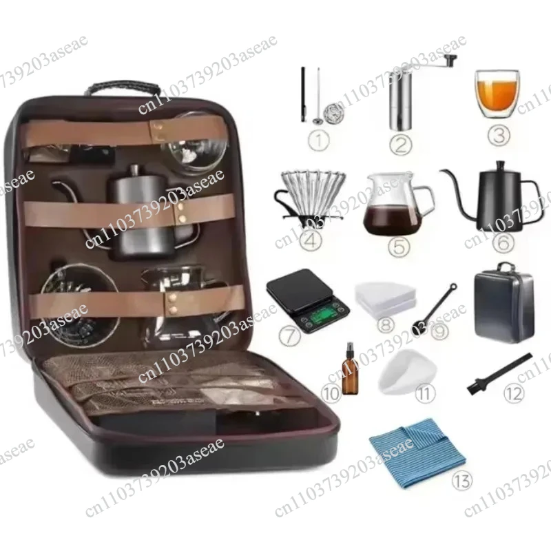 11-13 Pieces Hand Pour Coffee Set 600ML Glass Server Kettle Manual Grinder Digital Scale Portable Travel Coffee Brewing