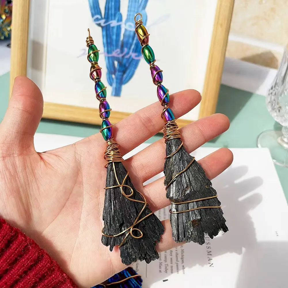 DIY Handmade Natural Healing Crystal Colorful Black Tourmaline Witch Broom Wicca Halloween Party Decoration Dollhouse Accessorie