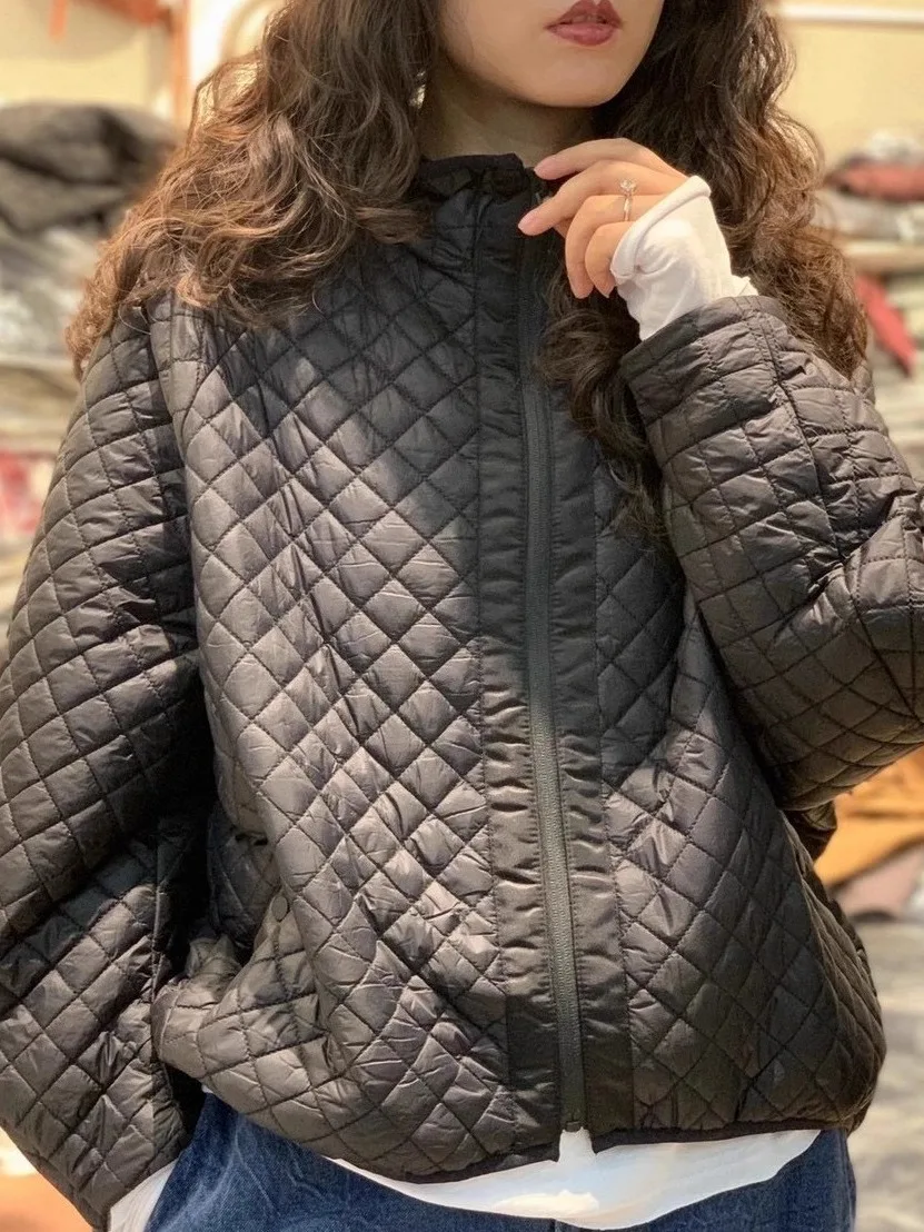 

Casual Retro Design Large Size Hooded Jaet Women's Artistic Versatile Diamond Cotton Coat Winter Outerwear Zipper Closure