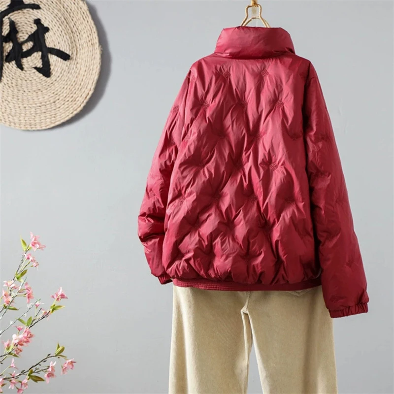 Schinteon 여성용 화이트 오리 다운 재킷 캐주얼 루즈 피트 스탠드 칼라 코트 자수 가을 겨울 따뜻한 빈티지 아웃웨어 2025