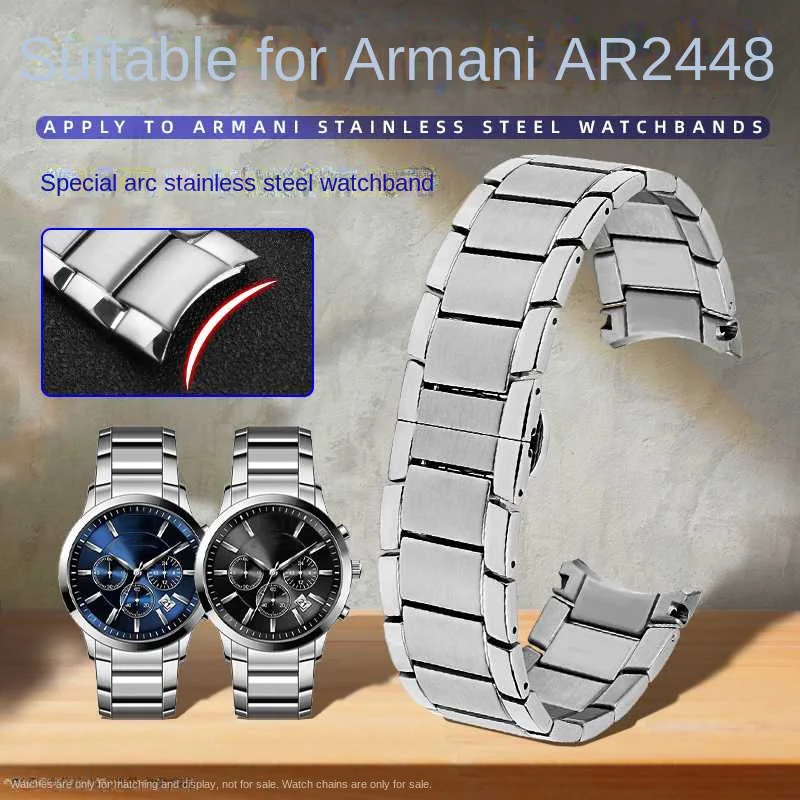 22mm Curved end Watchband For Armani AR2452 AR2453 AR2448 2447 2453 Stainless Steel Watch Strap Folding Buckle Silver Rose Gold