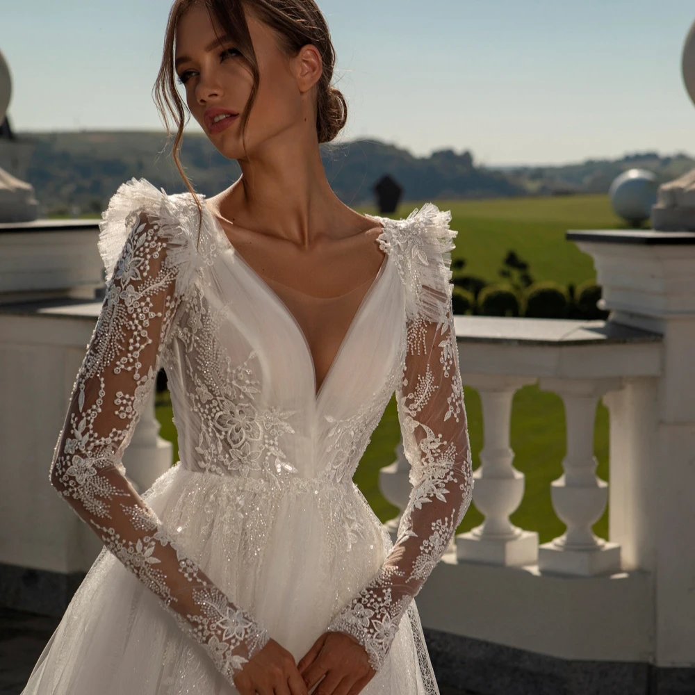 Exquisitos Vestidos De novia con cuello en V para mujer, línea A, tul brillante, Vestidos De novia, trapeado, largo, mangas largas, Vestidos De princesa