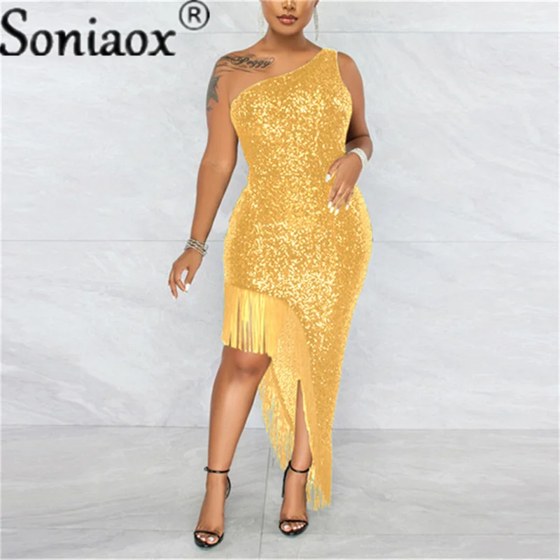 Women Sexy One Shoulder Solid Shiny Sequin Fringe Dress Ladies Tassel Irregular Slit Elegant Evening Prom Party Dress 2022 New